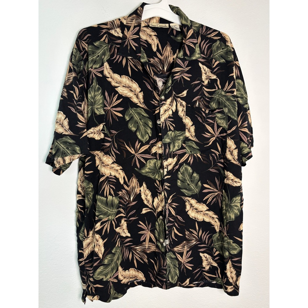 Sun Casuals Mens XL Tropical Leaf Print Rayon Hawaiian Camp Shirt Black Green